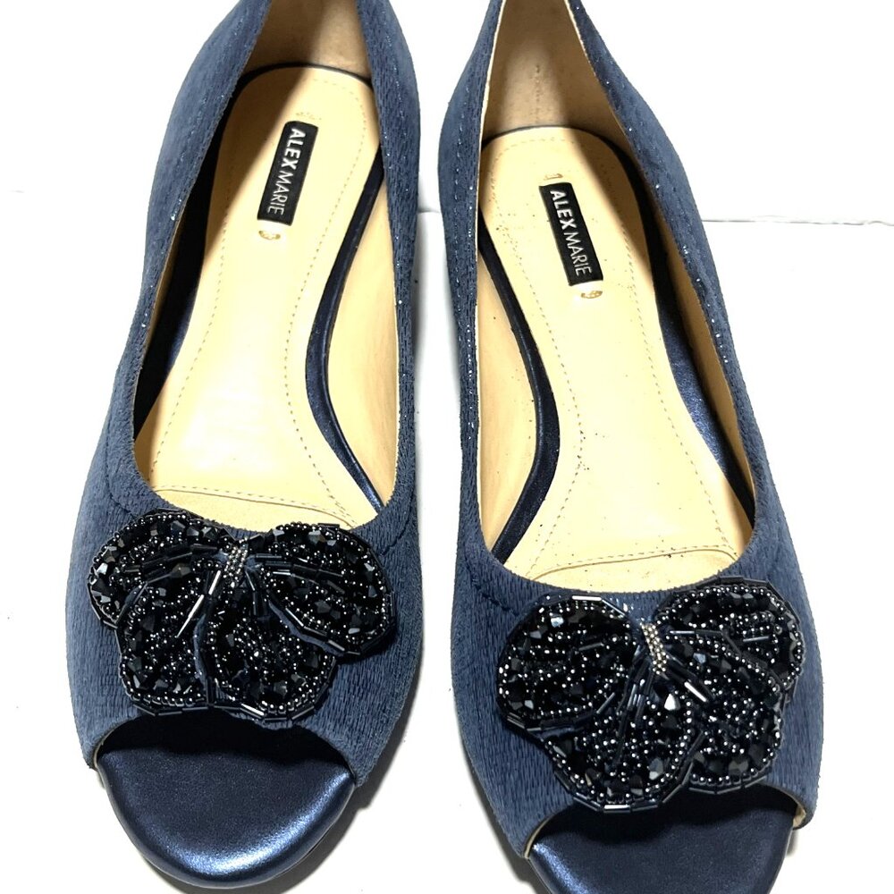 Alex Marie Blue Snakeskin Wedge Heel Flats with Beaded Butterfly On Toe 7.5M